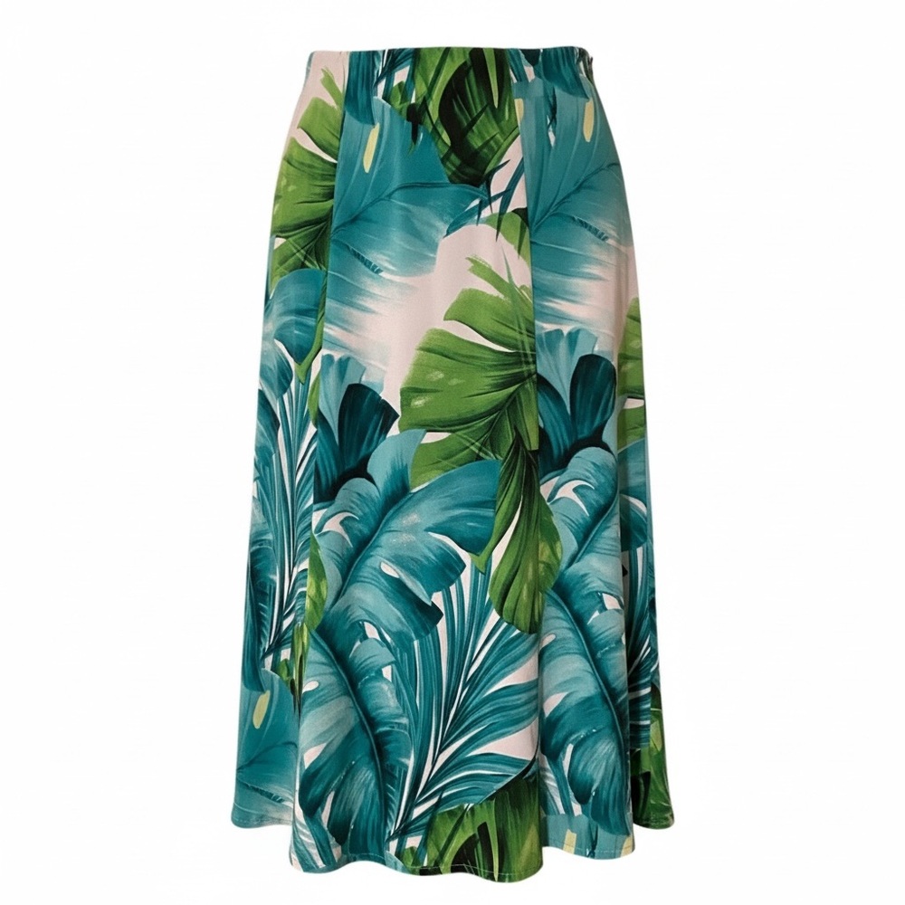Susan Graver Midi Skirt Women’s Small Petite Green Elastic Waist Resort Tropical